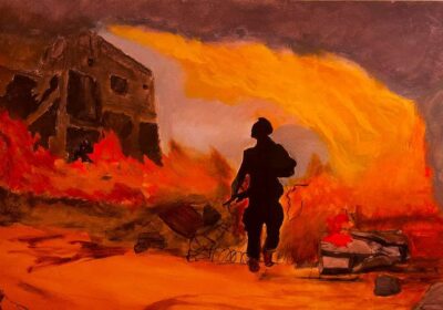 The Afghan War. A war fighter is silhouetted in fire in one of the paintings featured in the Combat Arts exhibit